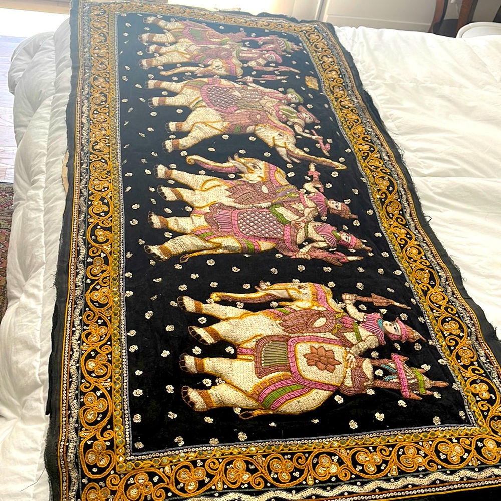 Wall hanging elephant bead embroidered handmade vintage Kalaga Thai bermese